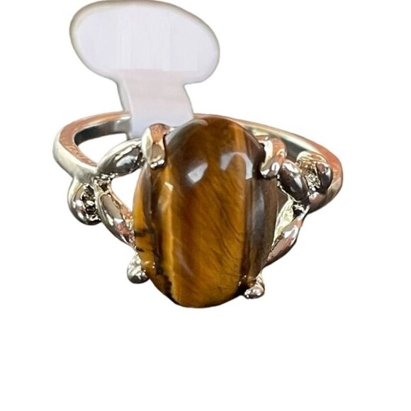Tigers Eye Gemstone Ring Size 9.75 on Silvertone with Vine Accents on Band - Picture 4 of 12